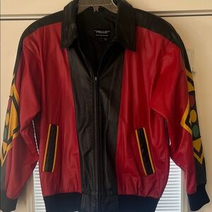 Pelle Red and Black Leather Stop Light Bomber Jacket with Yellow Accents